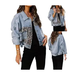 Leopard Print Panel Denim Jacket Bold Contrast Casual Cotton Women's Regular Fit Coats for Everyday Wear