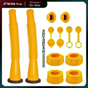 Gas Can Spout Replacement, Gas Can Nozzle. Spout Length is 8.1 in, Easier to use. For most 1/2/5/10 gal oil cans. With Gas Tank Vent Caps, Thick rubber pad, Spout Cover, Base Caps (2 Kit-Yellow)