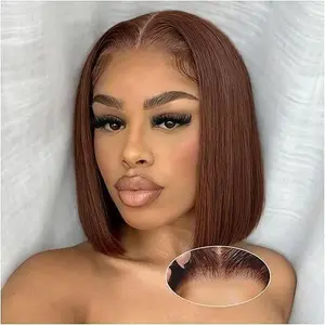 Bob Wig Human Hair Chocolate Brown Straight Bob Wig 13x4 Lace Front Wigs Human hair 180% Density Glueless HD Transparent Lace Frontal Wig Bob Wigs Pre Plucked Human Hair Wig 10 Inch