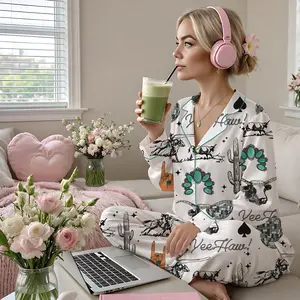 Cute Western Things Sublimation Cowgirl Spade Rodeo Satin Pajama Sets for Women, Western Print, Short Sleeve Top & Shorts, Comfortable Summer Sleepwear Set, Loungewear Pajamas