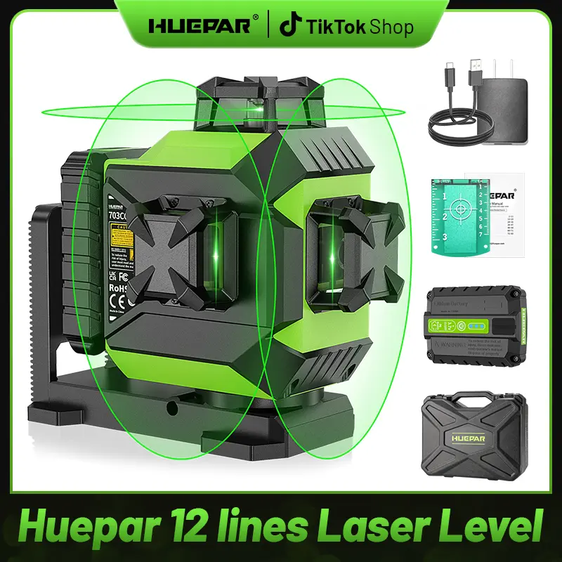 Huepar Laser Level 3 x 360 Self-Leveling Cross Line Laser 3D Green Laser Level with Pulse Mode Alignment Laser Tool with Rechargeable Li-ion Battery, Integrated Magnetic Bracket, Hard Carry Case 703CG