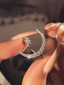 Elegant Diamond Star & Moon Adjustable Open Ring For Women Sparkling star design jewellery gift, versatile everyday wear accessory!