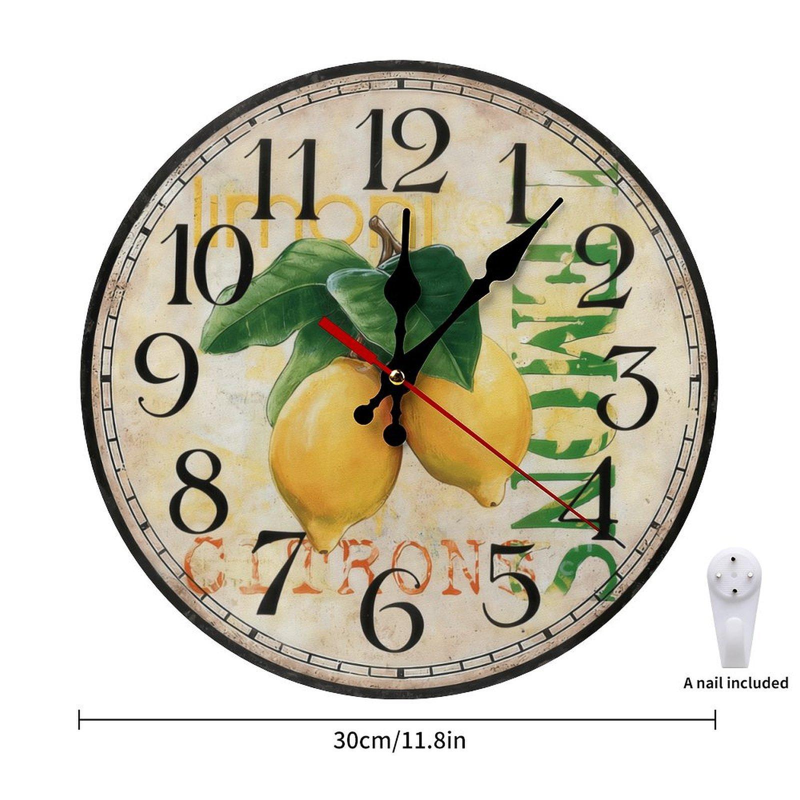 12 Inch Vintage Lemon Citrus Wooden Wall Clock | Silent Sweep Movement Rustic Farmhouse Kitchen Decor, No Battery Included, Perfect for Kitchen, Dining Room, Sunroom