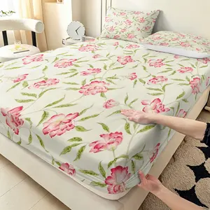 Three-piece Green leaves and pink peonies pattern printed fitted sheet set (1 fitted sheet + 2 pillowcases, pillow inserts not included), suitable for bedrooms or guest rooms, high-definition printed fitted sheets for home and dormitories, Floral Sheets
