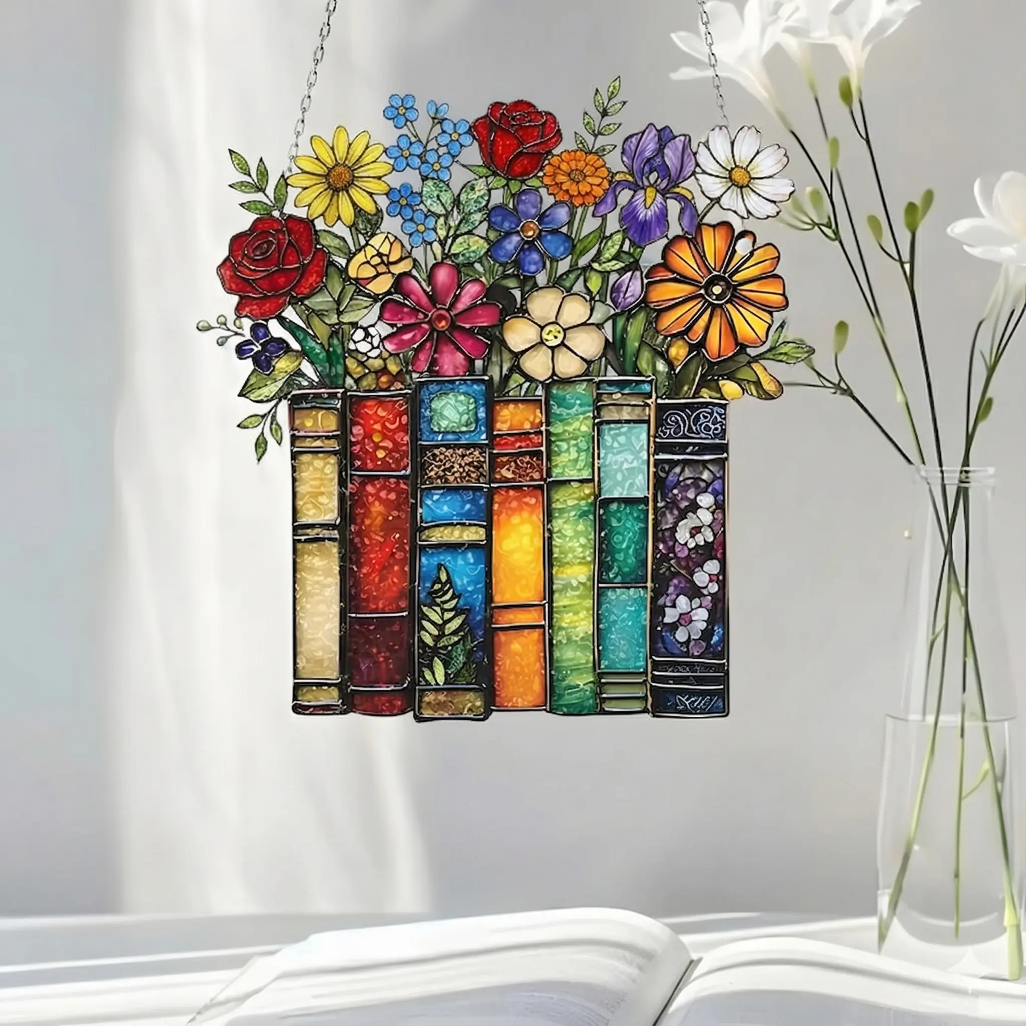 Personalized Book and Flower Suncatcher, Custom Acrylic Window Hanging Decor
