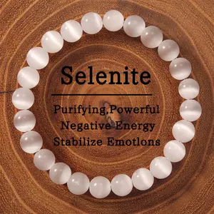 Natural Selenite 8mm Beads White Cat eye Healing Purifying, Powerful Reiki Stretch Women Men Crystal Bracelet Gifts