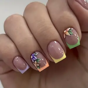 24-piece set of short square press-on nails - vibrant French tip design, colorful floral embellishments, glossy finish, full coverage false nails, convenient for DIY manicures