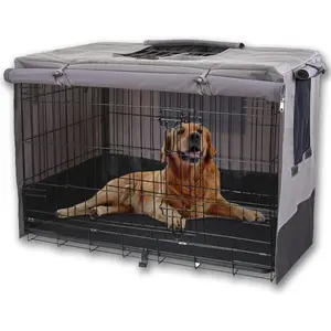 Privacy Dog Crate Cover 48 Inch, Durable 600D Canvas Water Resistant Windproof Pet Kennel Cover for Universal Wire Crate with Double Doors, (49”Lx31”Wx33”H, Gray/Black)