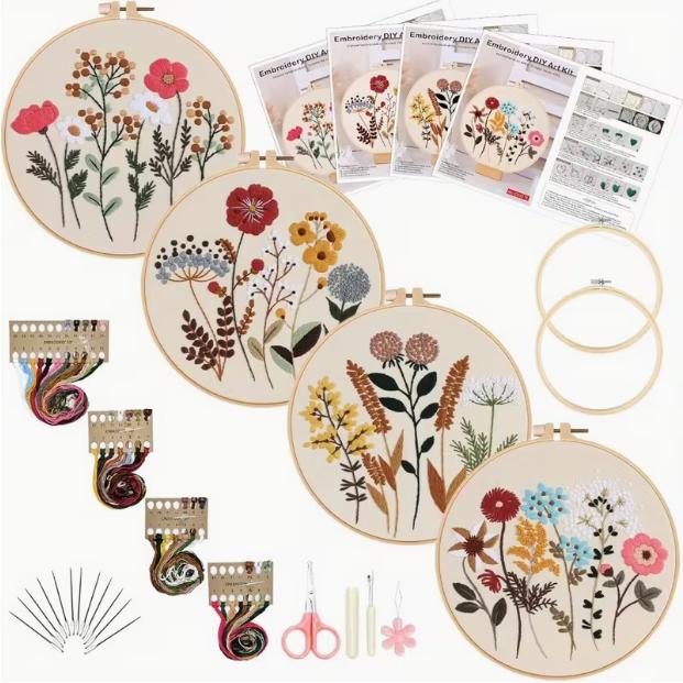 4 Sets Flower Embroidery Kit for Beginners, Cross Stitch Kits for Adults, Needlepoint Starter Kits with Patterns Embroidery Hoop Cloth Thread with Pattern and Instructions, 2 Embroidery Hoops, Christmas Gifts, Home Decoration, DIY Crafts