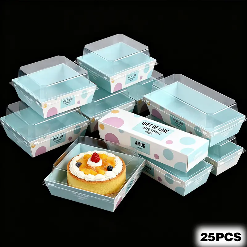 25set disposable cake and dessert boxes with transparent lids, food containers with lids, suitable for sandwiches, cookies, sushi, cakes, fruits, and party food.