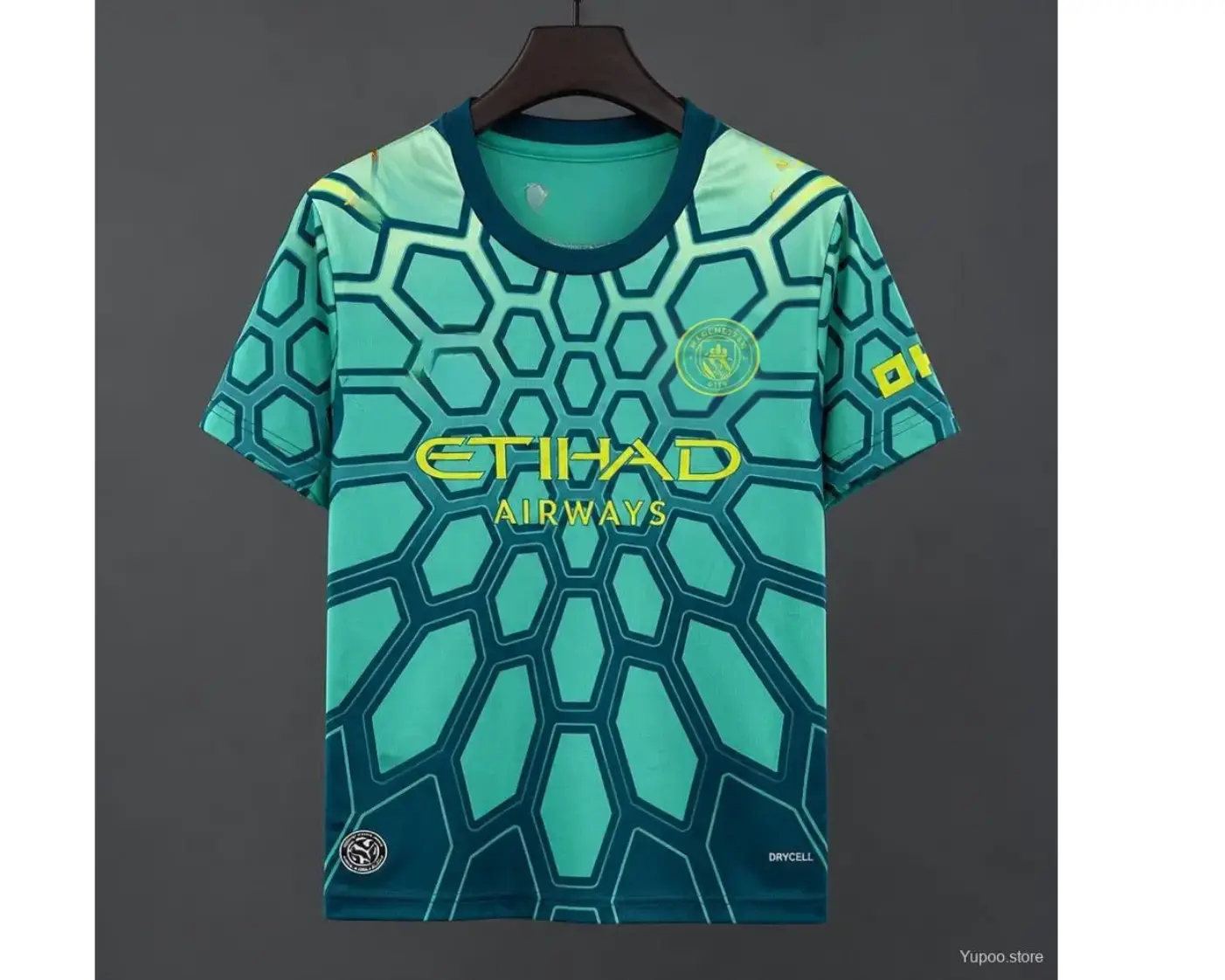 FULL LOGO Teal Green Geometric Soccer Jersey, Short Sleeve Football Shirt with Neon Details, Unisex Retro Match Day Fan Top and Training Sportswear for Men and Women