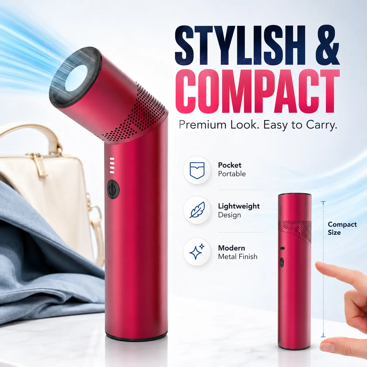 2-in-1 Handheld Fan with Flashlight, 8-Speed USB-C Rechargeable Portable Turbo Fan with Metal Shell, Slim Cylinder Design, Magnetic Base & SOS Light for Camping, Outdoor Activities, Fan + Flash