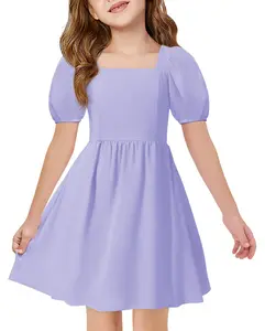 Haloumoning Girls Puff Short Sleeve Summer Dress Kids Casual Square Neck A-Line Smoked Dresses 5-14 Years