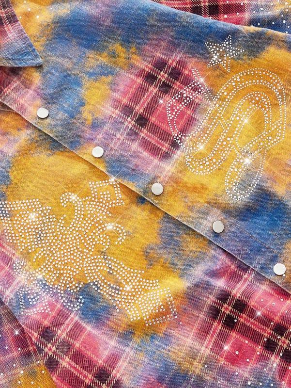 Men Plaid Short Sleeve Denim Shirt with Rhinestone Detail for Casual Street Wear funny graphic tee funny shirts for men funny shirts 90s graphic tees men sweatsuit set 67 shirt cute boyfriend gifts fall clothes dad christmas gift clearance