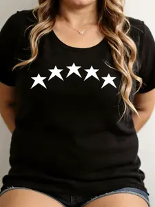 Five Star Graphic Tee for Women Minimalist Star Print Shirt Trendy Y2K Casual Summer T-Shirt Top Womenswear