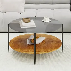  [Bellemave] 2-Tier Round Coffee Table with Glass Top| Wooden Storage Shelf| Mid-Century Style