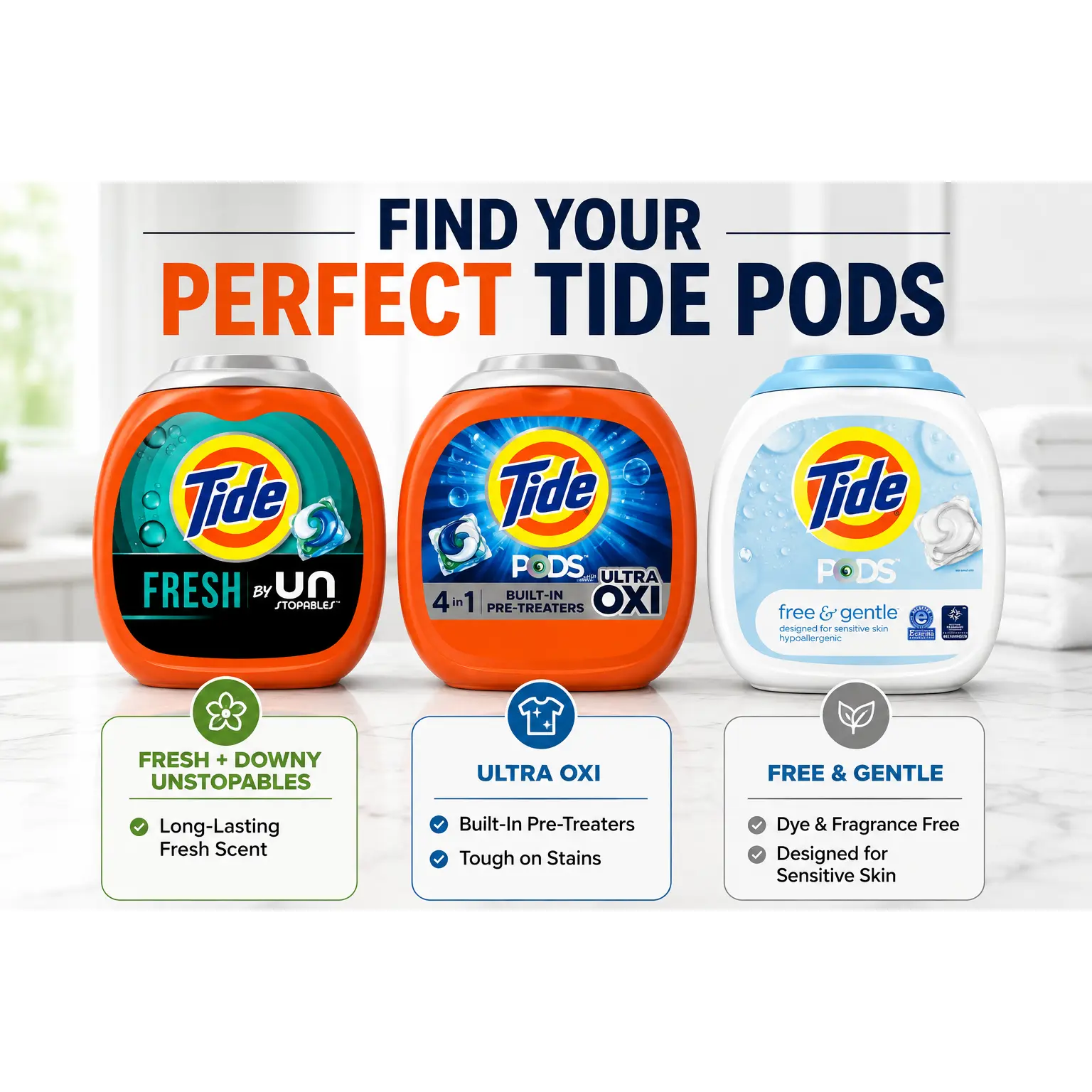 Tide Laundry Detergent Pods - HE Compatible, with Multiple Formulas & Various Counts (Baby-Safe Laundry Detergent)