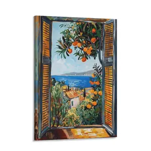 Modern Bold Color Open Window Coastal View Canvas Wall Art, Colorful Orange Tree Mediterranean Landscape Poster, Decor for Living Room, Bedroom, Kitchen, Dining Room, Office, Cottage, Entryway
