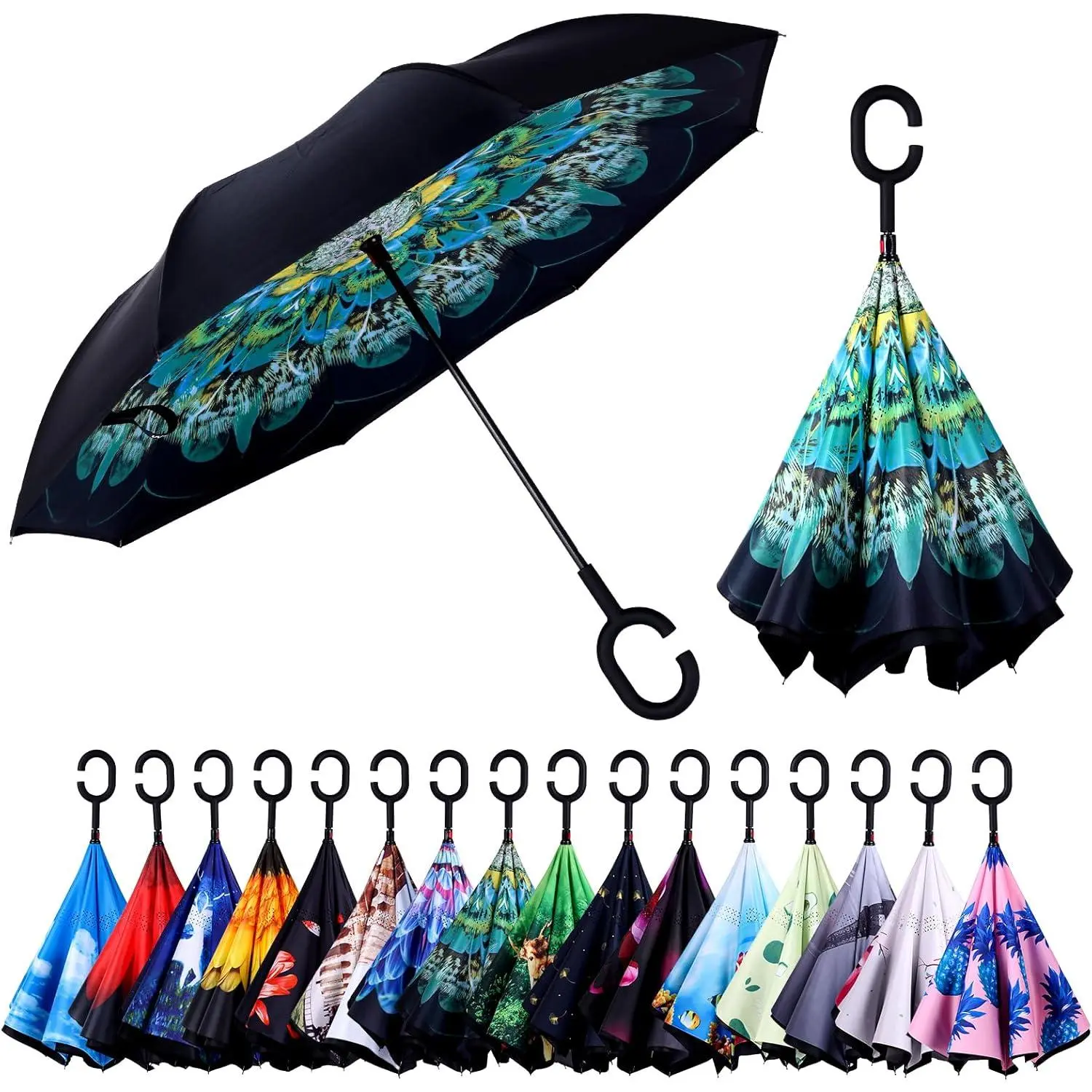 Inverted Umbrella, Windproof Reverse Umbrellas for Rain with Reversible Inside-Out Design Large Upside Down Umbrella for Women & Men with C-shaped Handle (Peacock)