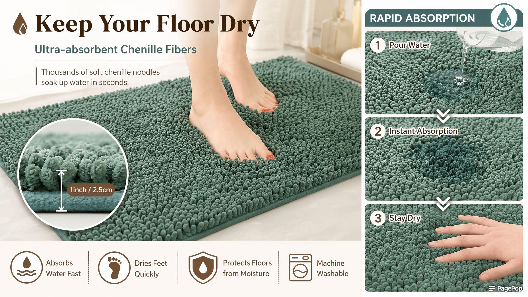 1-Piece Plush Short-Pile Chenille Anti-Slip Grip Rubber Back Mat, Quick-Dry, Stain-Resistant, Easy Clean Rubber Mat for Bathroom Wet Areas & Decor, Easy Clean Bath Mats