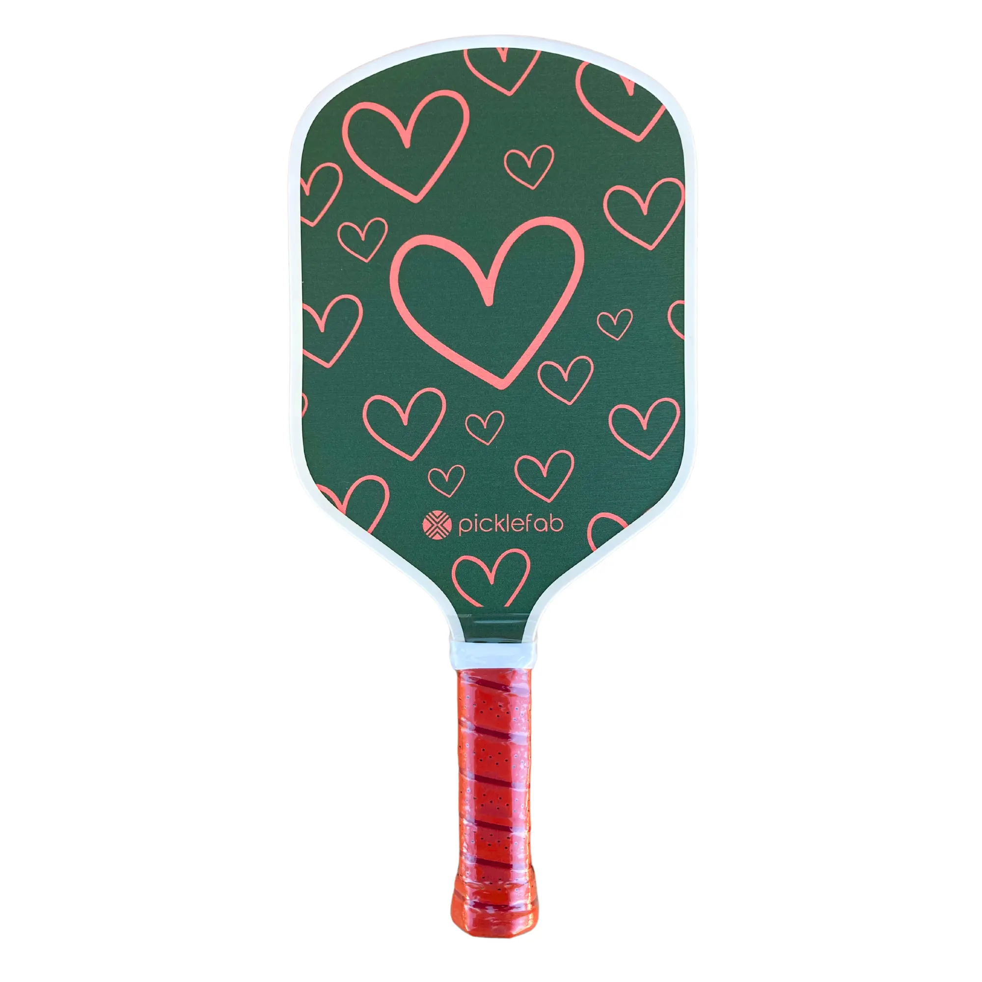 Picklefab Hearts Fiberglass Pickleball Paddle for Women- Female Single Paddle with Smaller Grip - Girly Pink and Green Textured Racket Surface - Lightweight 8oz 16mm Core 16.5" Length - Designer Pickleball Gifts for Ladies