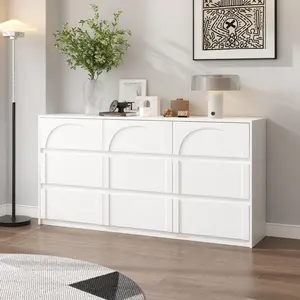 FUFU&GAGA Dresser for Bedroom with 9 Drawers, White Dresser for Organization and Storage, 63" Wide Chest of Drawers with Arched Design, Wooden Clothes Organizer for Closet, Living Room