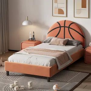 Twin Size Upholstered Bed with Basketball Shaped Headboard, Twin Platform Bed with Reinforced Slats, Sport Style Bed for Boys & Girls, Teens, Orange