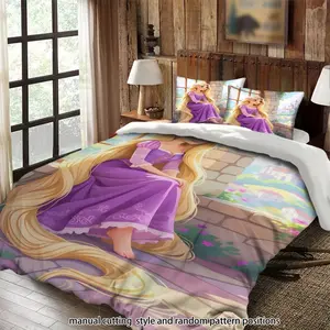Rapunzel sits by the stone window gazing at the castle. (3-piece comforter set, bedding set, suitable as a gift)