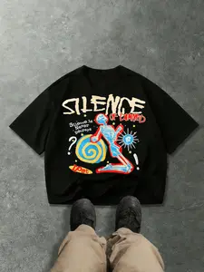 Silence of Damned Graffiti Loose Short T-Shirt, Skull Print Spiral Pattern, Y2K Grunge Streetwear Style, Casual Daily Wear, Music Festivals, City, Menswear