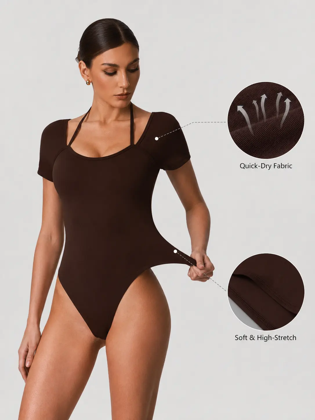 Women's Halter Neck Bodysuit, Short Sleeve Crisscross Lace-Up Open Back, Smooth Quick-Dry Stretch Yoga Tops