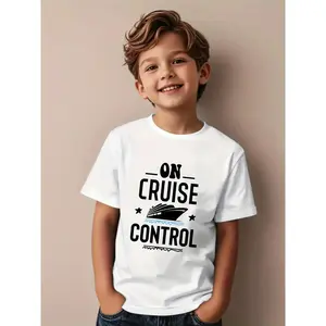 Boys' Cruise-Themed Nautical Graphic T-Shirt - On Cruise Control Ship & Wave Print Short Sleeve Tee, Soft Round Neck Casual Vacation Outfit for Kids, All-Season Comfort for Cruise Vacations