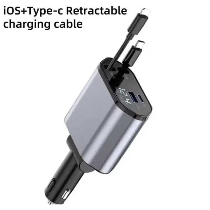 Retractable Starlight USB C Car Charger 4-in-1, for Galaxy Pixel iPhone Tablet, Retractable Car Charger Adapter, Voltage Display Fast Charge Retractable Automotive Charger with 180 Degree Rotatable Plug