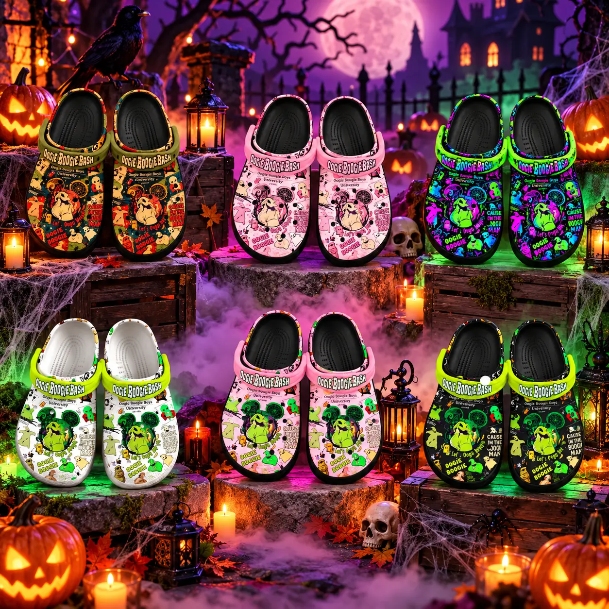 Halloween Boogieman Clogs – Green Spooky Monster Graphic Slip-On Shoes, Creepy Cartoon Garden Sandals, Unisex Halloween Gift