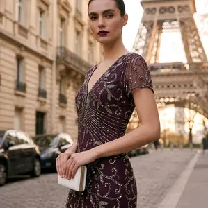 Pisarro Nights Size 6 Heavily Beaded Plum Mesh Column Gown - 54" Full Length