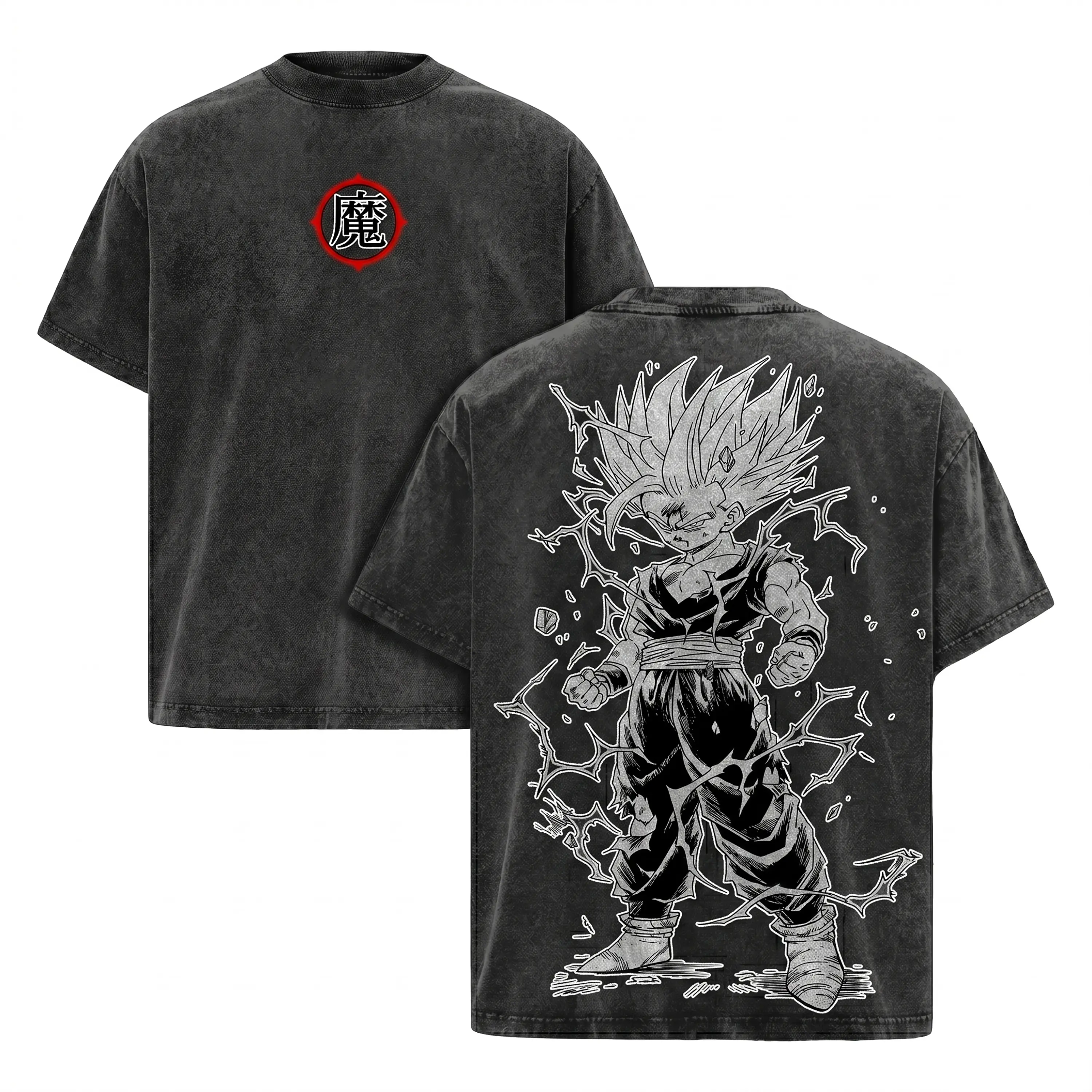 Men's Graphic Tee with Gohan DBZ Manga Print, Breathable Soft Cotton Acid Wash Top with a Relaxed Fit for Casual Outfits, Tops, Round Neck