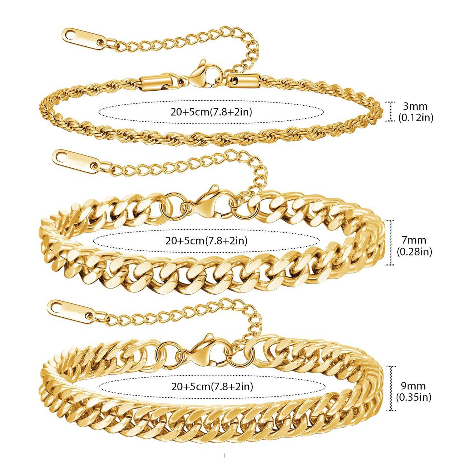 3Pcs Stainless Steel Bracelets for Men, Gold/Silver Mens Chain Bracelet 7.8 Inches Mens Stainless Steel Cuban Link Bracelets Set