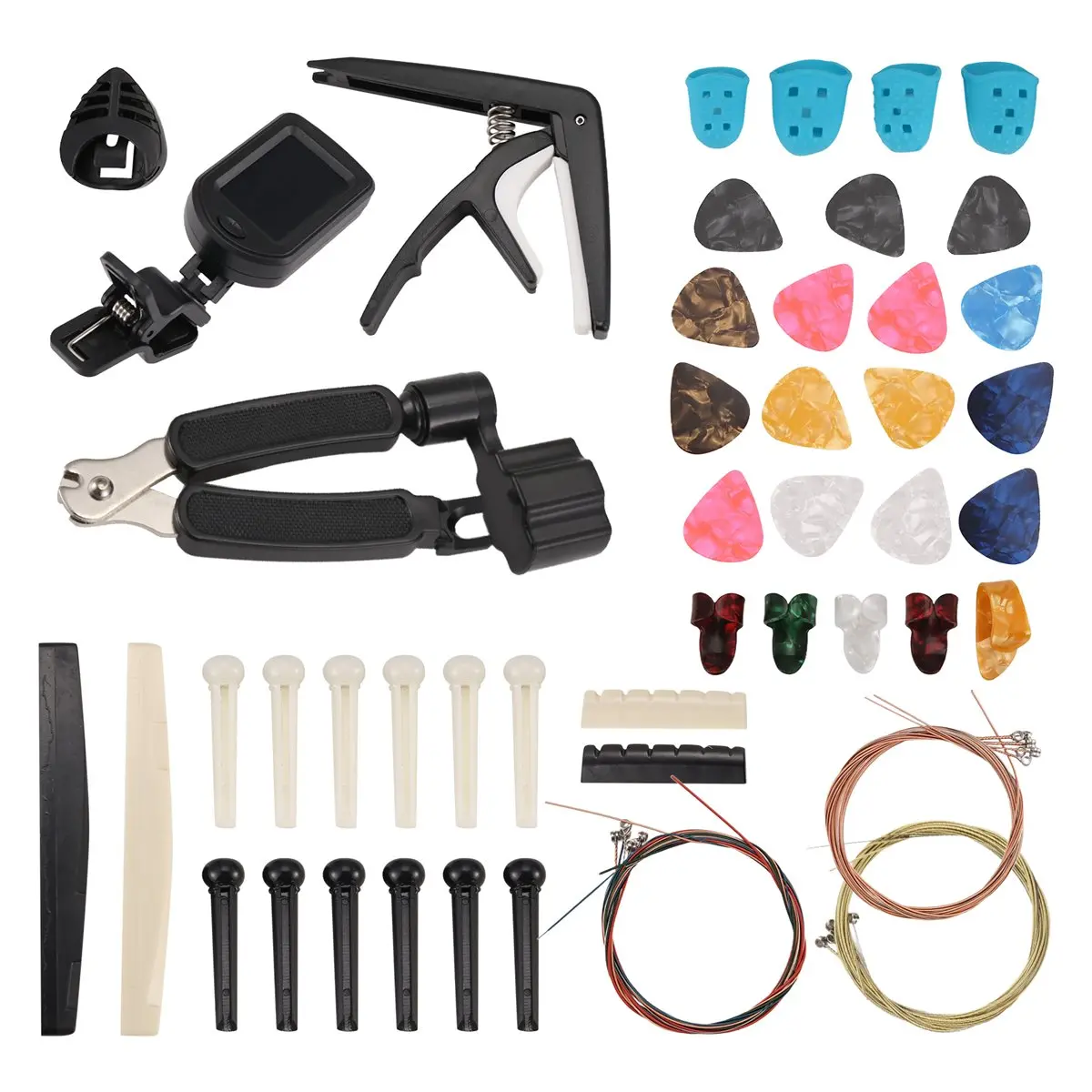 QYKF 65 PCS Premium Guitar Accessories Kit – Complete Set with Guitar Strings, Clip-on Tuner, Quick Change Capo, Guitar Picks, Pick Holder, Thumb Finger Picks & Bridge Pins