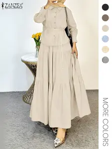 Women's Plain Plaid Set, Notched Long-Sleeve Button-Down Shirt + Elastic Waist Layered Skirt Design, Ideal for Daily Commute