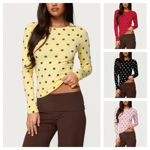 Women’s Dots Print Tank Tops Trendy Sleeveless Round Neck Summer TopsFit Shirts-Long-Sleeved Polka Dot T-shirt Top