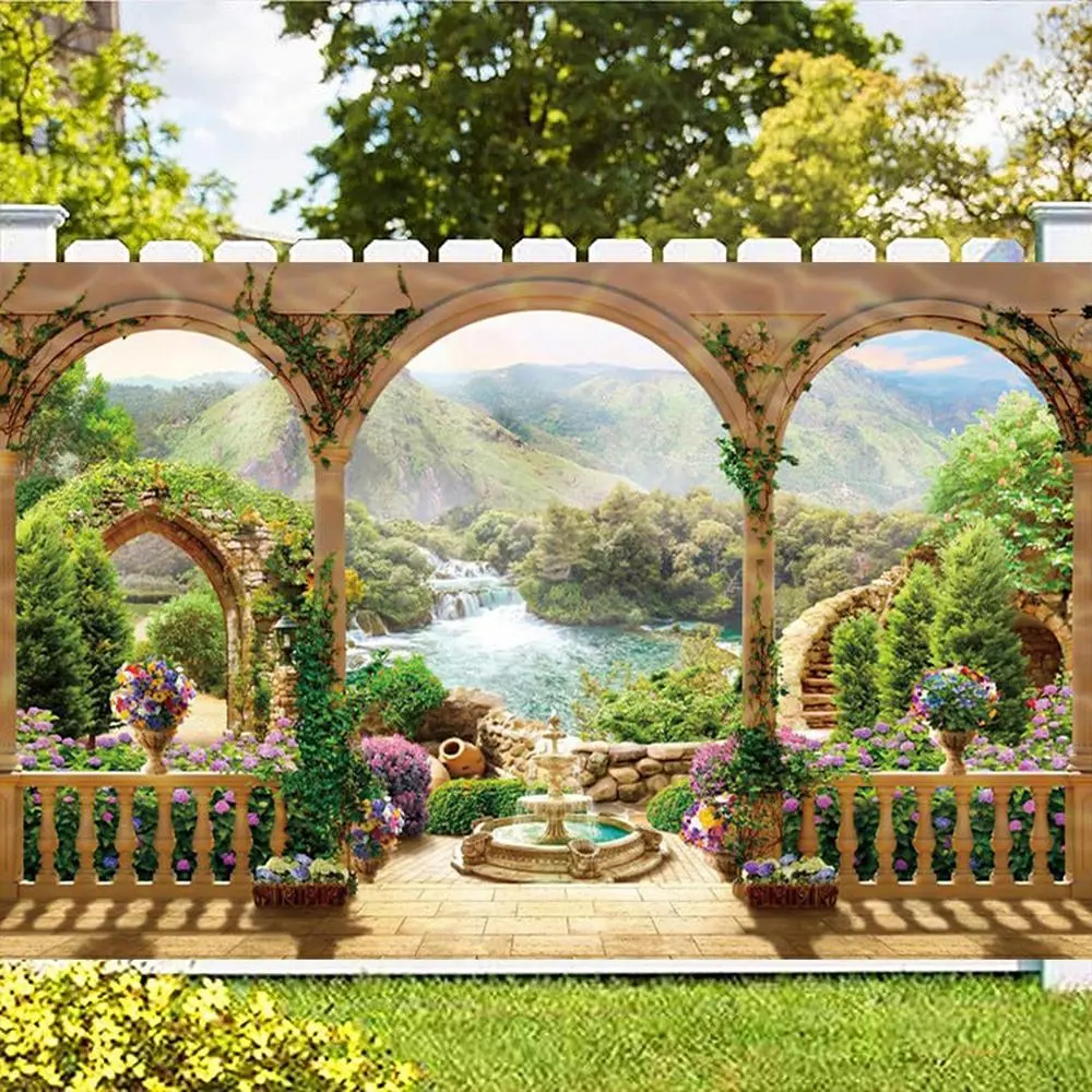 2D Flat Polyester Photography Backdrop Banner - HD Digitally Printed Garden Scene with Archways, Waterfall, Mountains, Colorful Flowers - Soft, Lightweight, Folding, Machine-Washable Fabric for Portraits, Products