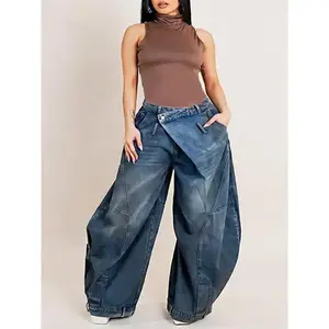 Trendy Casual Pants, retro high-waisted wide-leg jeans - cross-asymmetric button front, elastic denim with functional pockets, machine washable and durable, suitable for work, office, street wear; can be paired a