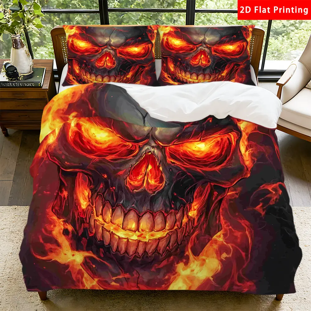 2/3 Pcs 2D Flat Skull with Flames Duvet Cover Set Skull Flames Bedding Set Quilt Cover 1 Duvet Cover + 1/2 Pillowcases Skull Flames Top Sheet Decorative Bedding Bedroom Decor