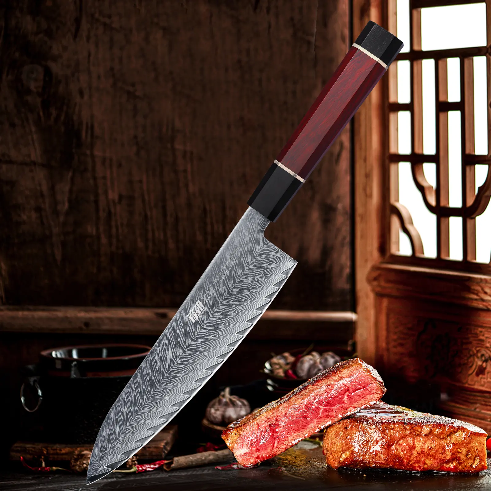 FINDKING 8-Inch Damascus Chef Knife (Red Samurai Series) - AUS-10 Japanese High Carbon Forged Blade, 67-Layer Steel, Ebony Wood Handle, Super Sharp, All-Purpose Use for Cooking, Solid in Hand, Professional Blade for Daily Prep