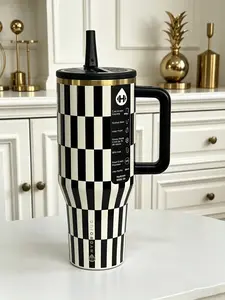 HydroJug Traveler 40oz Tumbler - Black & White Checkerboard Print Insulated Stainless Steel Cup with Black Handle & Flip Straw, Leak Resistant, Fits Cup Holders outdoorfun proof travel cup