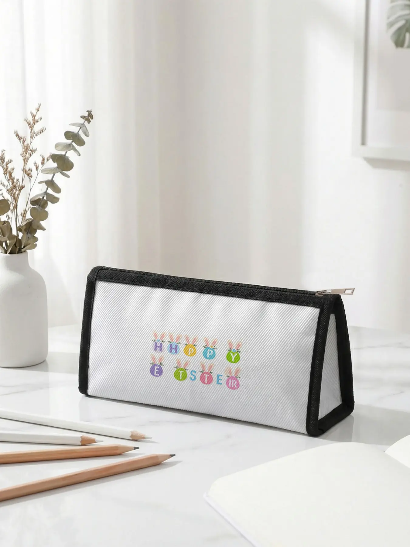 Easter Bunny Element Pen Bag, 2D Printed Easter Limited Edition, Triangular Capacity, Portable Size, Student School Office Use