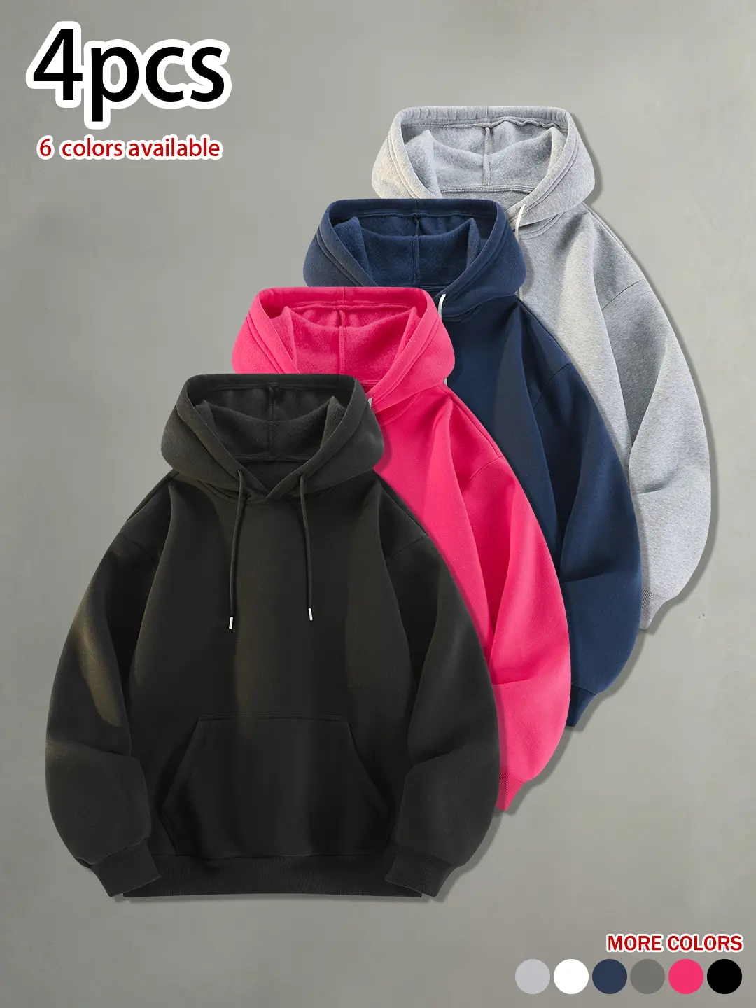 Available in packs of 4 or 1 piece; men’s simple casual hooded sweatshirt for spring/autumn—loose fit, solid color, comfortable and skin-friendly; versatile everyday fashion athletic pullover hoodie.