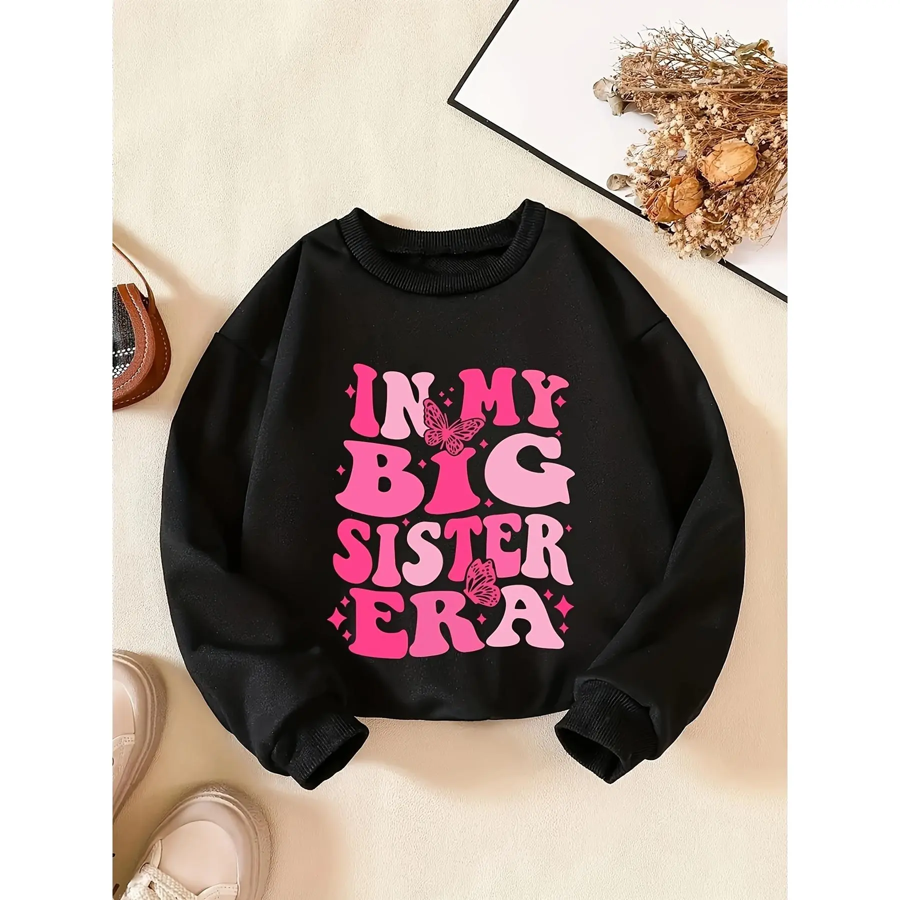 Girls' "I MY BIG SISTER ERA" Graphic Print Cotton Knit Sweatshirt - White with Pink Lettering, Casual Cozy Loose Drop Shoulder Longsleeves Round Neck, Athletic Soft Top, 120(5-6y)/150(11-12y), Sister Gift for Parties/Vacation