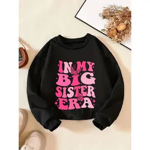 Girls' "I MY BIG SISTER ERA" Graphic Sweatshirt - White with Pink Lettering, Casual Loose Fit Drop Shoulder Long Sleeve Round Neck Top for Casual Attire, Parties & Vacation - Perfect Sister Gift, Girls Sweatshirt, Comfortable Textile