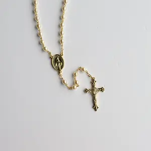 Miraculous Medal Rosary with Cream-colored Beads and Gold-Colored Chain