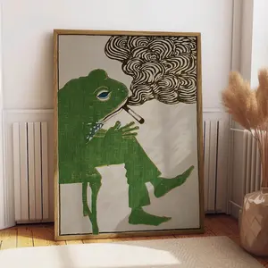 Frog Smoking a Cigarette Vintage Poster Art Retro Whimsical Print Funny Animal Wall Decor Poster for Bar Cart Quirky Kitchen Wall Art